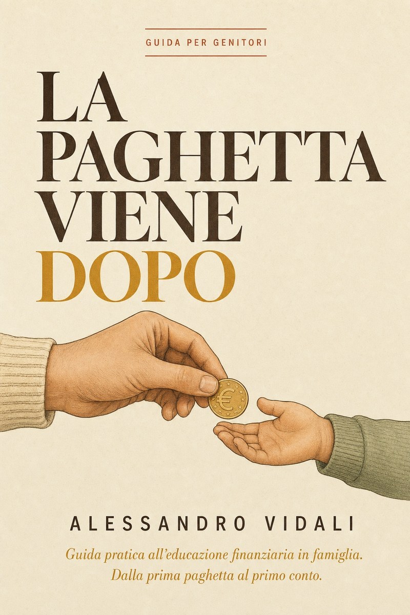 Copertina di «La paghetta viene dopo» di Alessandro Vidali: due mani si passano una moneta da un euro.